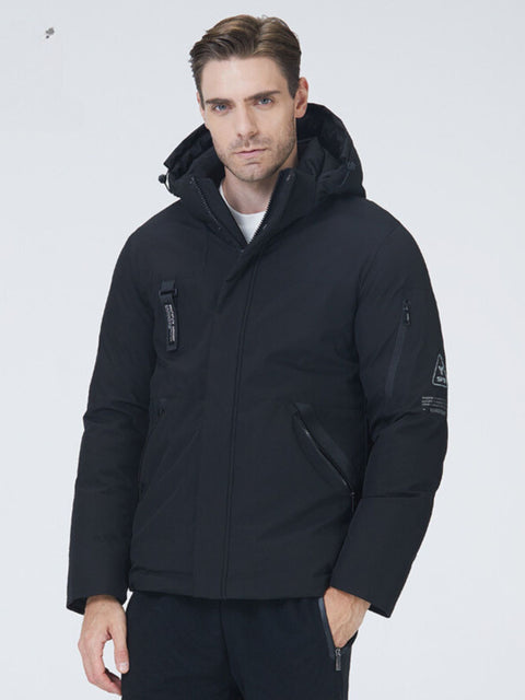 Dicke Winterjacke mit Kapuze und Reißverschlusstaschen für Herren Schwarz