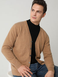 Kaschmir-Cardigan mit V-Ausschnitt und Knopfverschluss für Herren Camel
