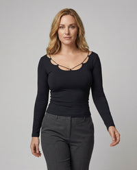 Damen Langarmshirt mit Blütenkragen und verspielter Schnürung Slim-Fit