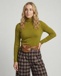 Damen Langarmshirt Senfgrün Enganliegend Rollsaum Stehkragen Weich Grün