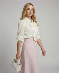 Damen Weißer Polo Sweater Damen elegante Chiffonbluse mit Schleifenkragen und Manschetten