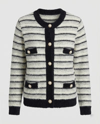 Bouclé-Strickjacke mit Kontrastbesatz, Perlenknopfleiste und Pattentaschen Friday