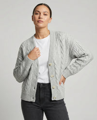 Zopfmuster-Cardigan im Blousonstil mit spitz zulaufendem Saum und tiefem V-Ausschnitt Friday