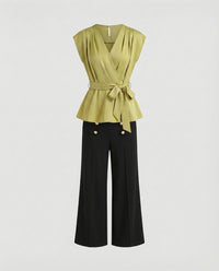 Elegantes Zweiteiler-Set Wickelblusentop mit Taillengürtel und hochgeschnittene Palazzohose mit Frontschlitz Friday