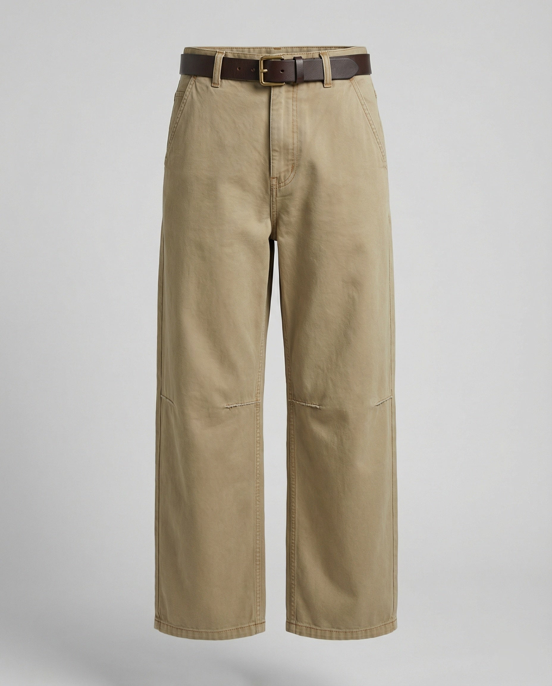 Weit geschnittene hochtaillierte Arbeitslook-Hose mit tiefem Schritt, Teilungsnähten und verstellbarem Saum Friday