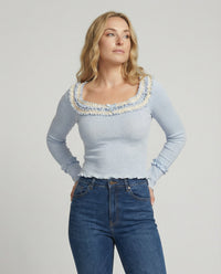 Elegantes Damen Strickoberteil mit eckigem Ausschnitt und verspielten Wellensäumen XS Seesalz Blau