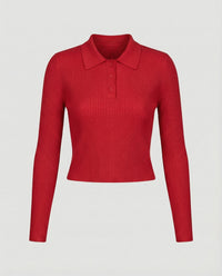 Figurbetonter Damen Langarm Strickpullover mit Polokragen im schicken Korea-Stil S Rot