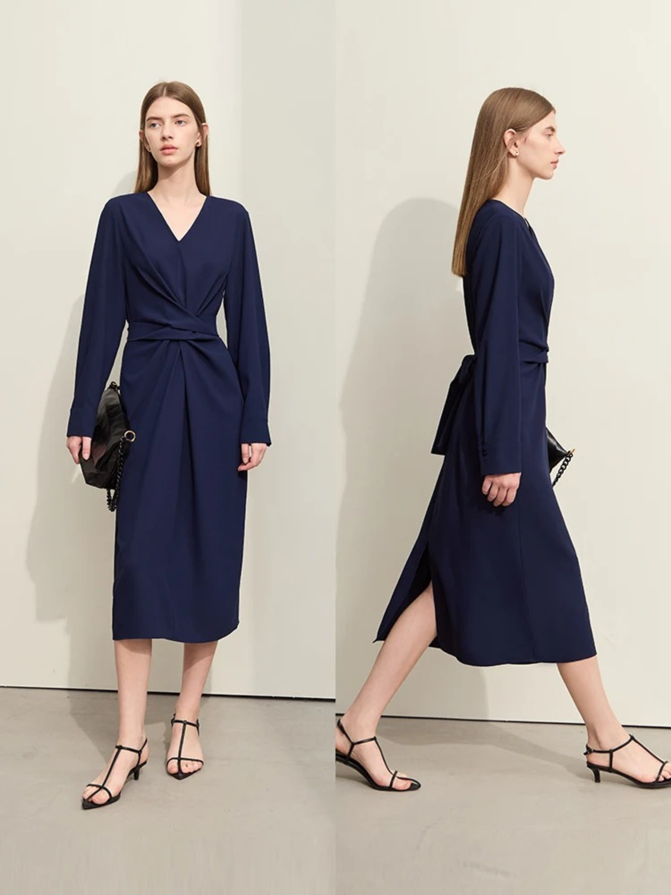 Fließendes Midikleid mit V-Ausschnitt und Taillenband