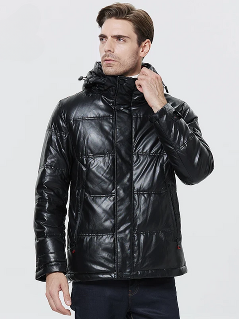 A good looking man wearing a leather jacket with thick padding, a hood, and a zipper closure.
