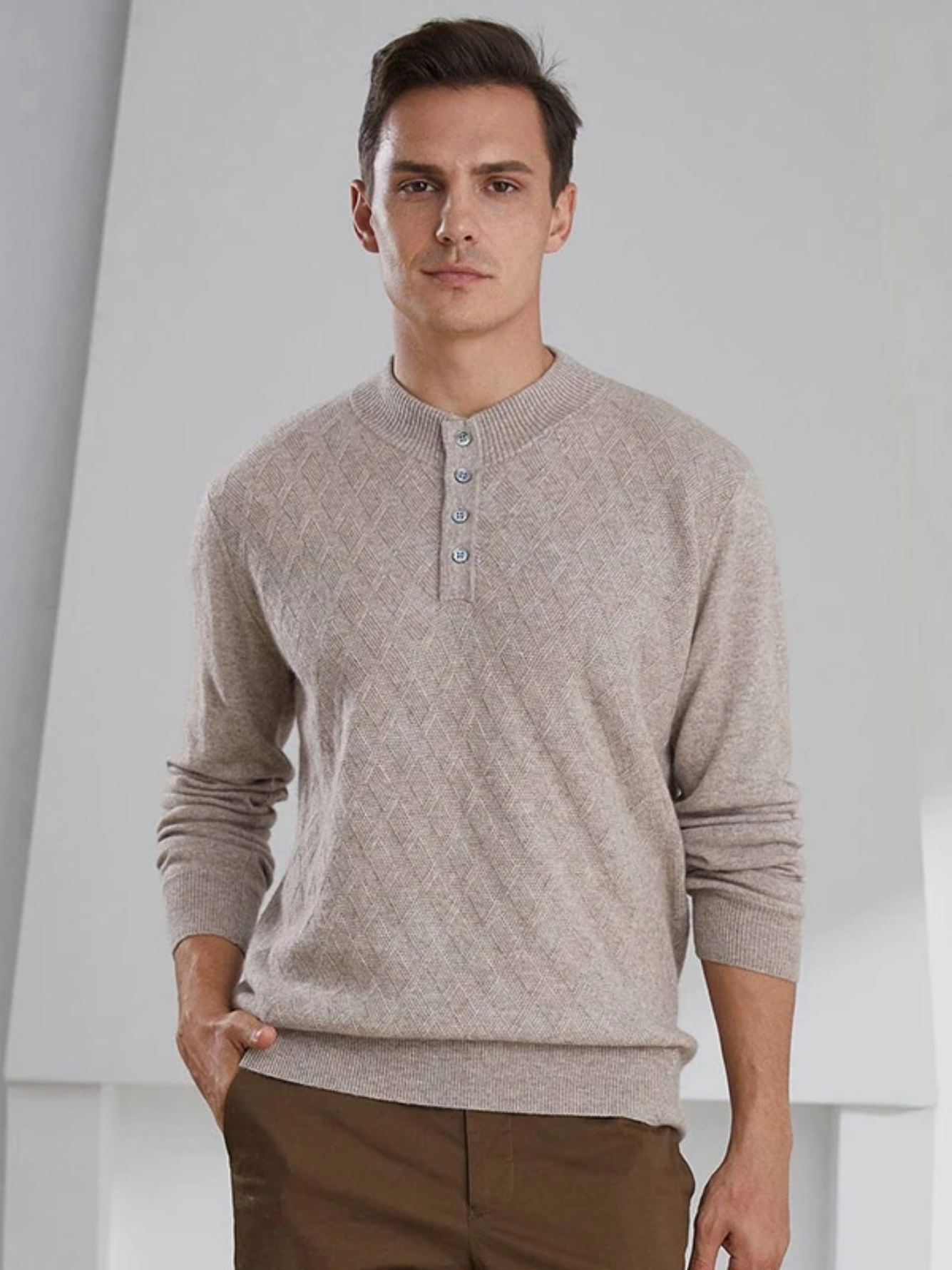Kaschmirpullover mit Rautenmuster und Knopfverschluss für Herren Camel