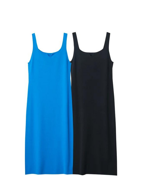A couple of simple, minimalist, sleeveless midi dresses with a v-cut out in the neckline in blue and black. 