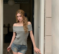 Ein-Schulter Strickoberteil Kurzarm Damen Sommer Top Dopamine Style Grau Einheitsgröße