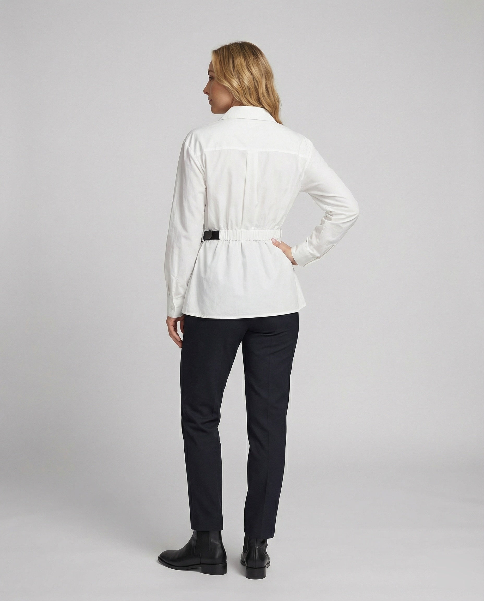 Damen Hemd Weiß Oversize Langarm Unregelmäßig mit Bindegürtel