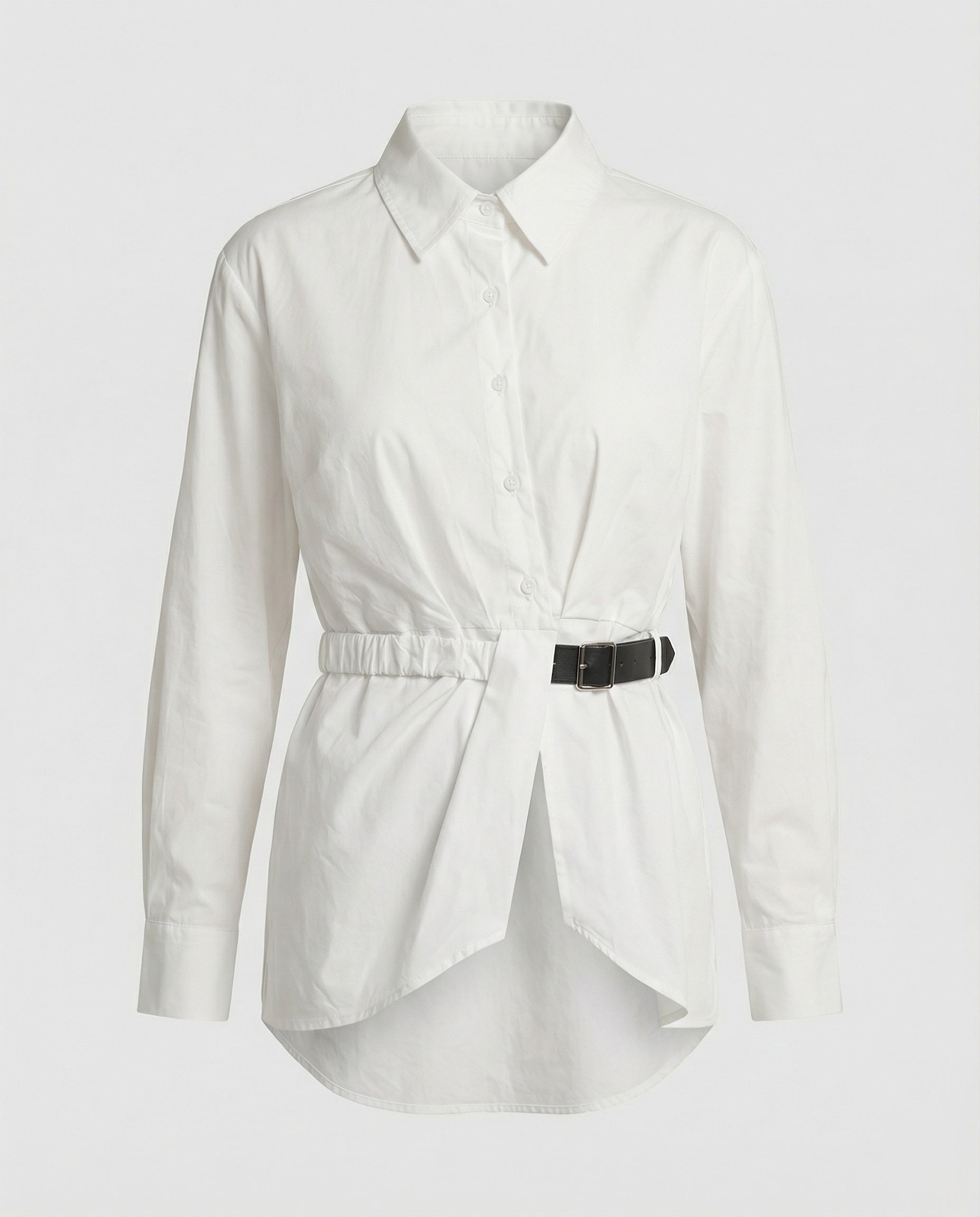 Damen Hemd Weiß Oversize Langarm Unregelmäßig mit Bindegürtel