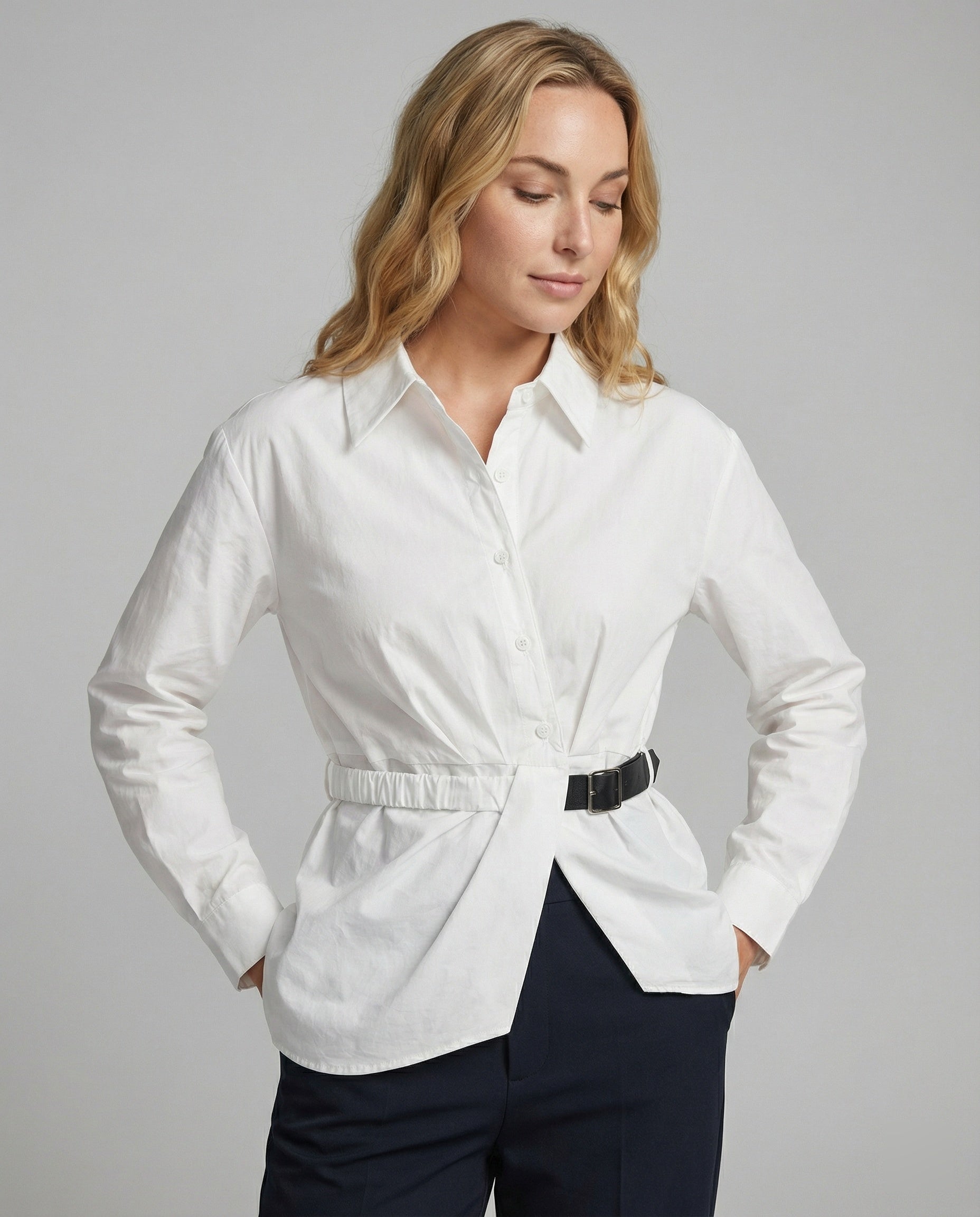 Damen Hemd Weiß Oversize Langarm Unregelmäßig mit Bindegürtel