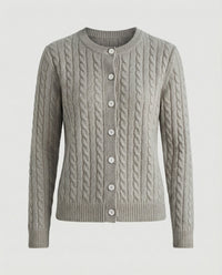 Damen klassische Zopfmuster-Strickjacke mit Rundhalsausschnitt und durchgehender Knopfleiste Friday Grau S
