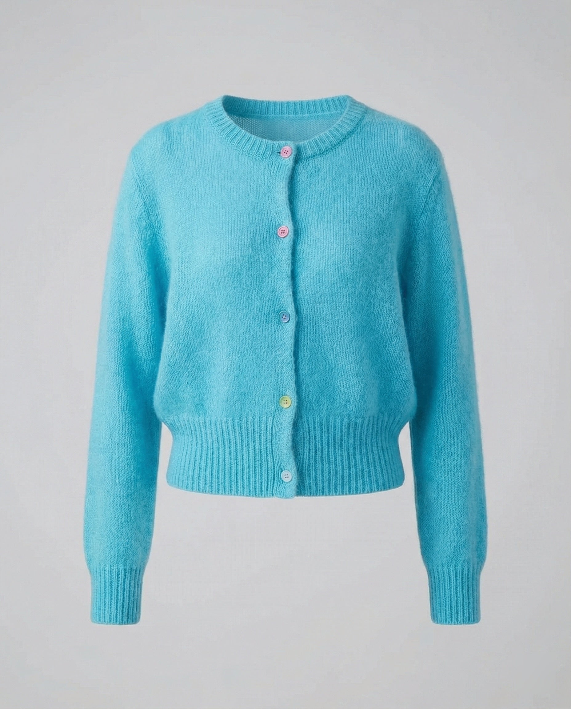 Damen Mohairoptik Kurzstrickjacke mit tailliertem Rippsaum und bunten Zierknöpfen Friday