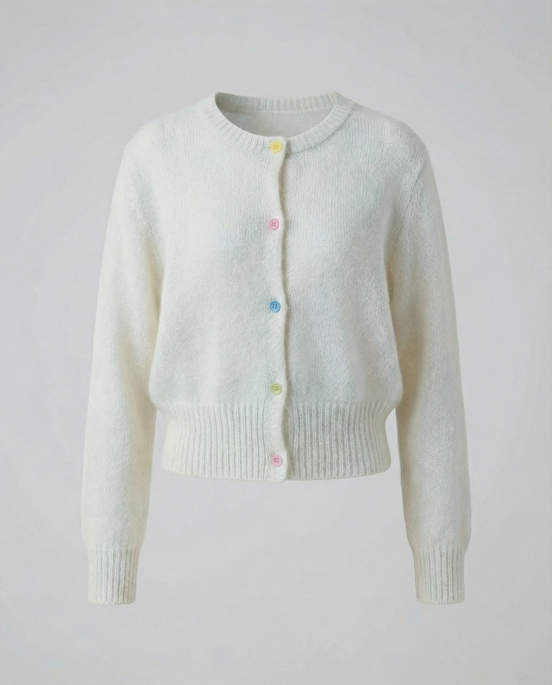 Damen Mohairoptik Kurzstrickjacke mit tailliertem Rippsaum und bunten Zierknöpfen Friday