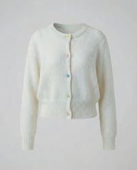 Damen Mohairoptik Kurzstrickjacke mit tailliertem Rippsaum und bunten Zierknöpfen Friday