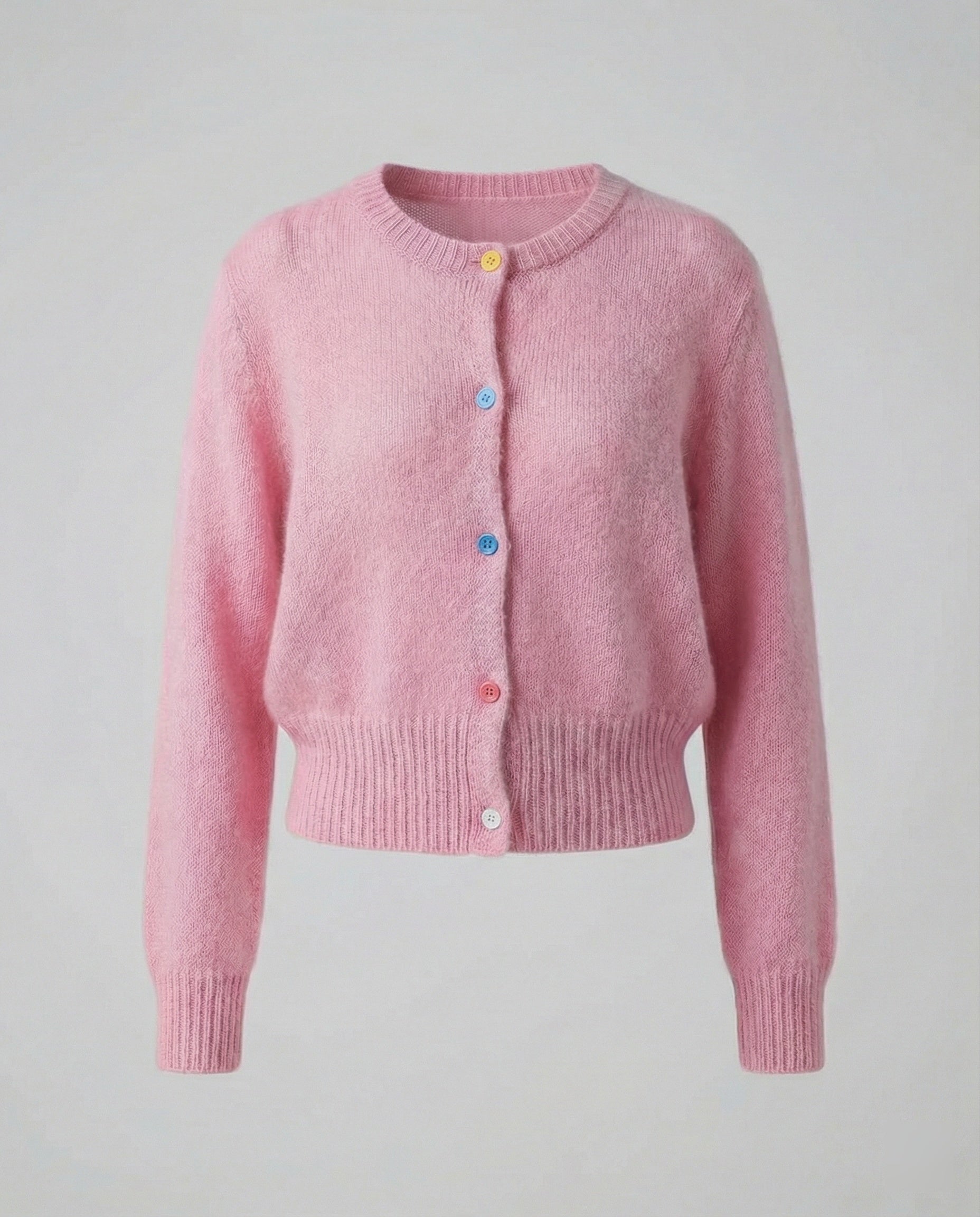 Damen Mohairoptik Kurzstrickjacke mit tailliertem Rippsaum und bunten Zierknöpfen Friday