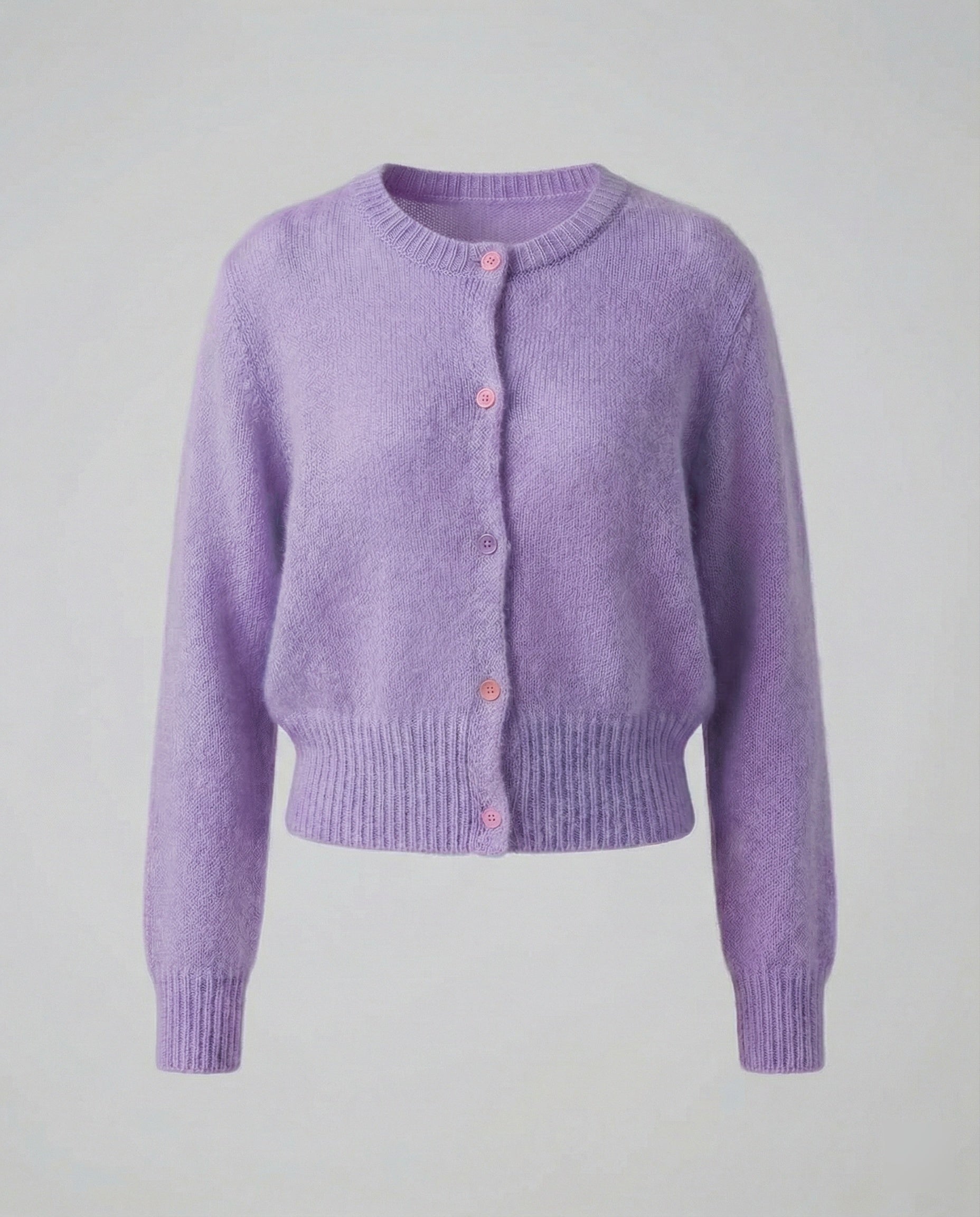 Damen Mohairoptik Kurzstrickjacke mit tailliertem Rippsaum und bunten Zierknöpfen Friday