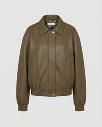 Damen grainierte Nappa-Optik Blousonjacke mit Hemdkragen elastischem Saum und verdeckter Druckknopfleiste Friday Grün