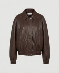 Damen grainierte Nappa-Optik Blousonjacke mit Hemdkragen elastischem Saum und verdeckter Druckknopfleiste Friday Braun