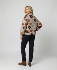 Damen kurze Blumenbouclé-Jacke mit Knebelverschluss und Ballonärmeln Friday