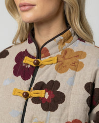 Damen kurze Blumenbouclé-Jacke mit Knebelverschluss und Ballonärmeln Friday