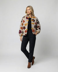 Damen kurze Blumenbouclé-Jacke mit Knebelverschluss und Ballonärmeln Friday