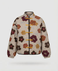 Damen kurze Blumenbouclé-Jacke mit Knebelverschluss und Ballonärmeln Friday