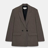 Damen Blazer Kariert Zweireihig Locker Geschnitten Braun