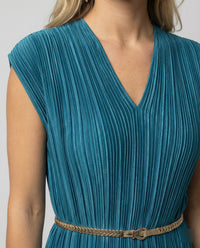 Damen plissiertes Midikleid mit V-Ausschnitt, Cap-Ärmeln und schmalem Taillengürtel Friday