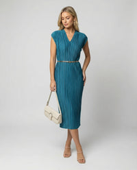 Damen plissiertes Midikleid mit V-Ausschnitt, Cap-Ärmeln und schmalem Taillengürtel Friday Grün