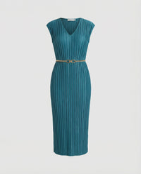Damen plissiertes Midikleid mit V-Ausschnitt, Cap-Ärmeln und schmalem Taillengürtel Friday