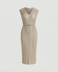 Damen plissiertes Midikleid mit V-Ausschnitt, Cap-Ärmeln und schmalem Taillengürtel Friday Apricot
