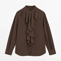 Elegante Damen Bluse mit Rüschenkragen Französischer Stil Braun Langarm Braun