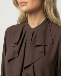 Elegante Damen Bluse mit Rüschenkragen Französischer Stil Braun Langarm