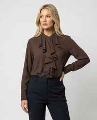 Elegante Damen Bluse mit Rüschenkragen Französischer Stil Braun Langarm XS Braun