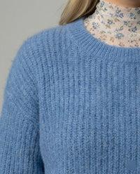 Blauer Strickpullover Damen Lockerer Oversize Look Rundhals Langarm Weich