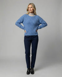 Blauer Strickpullover Damen Lockerer Oversize Look Rundhals Langarm Weich