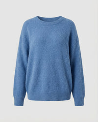 Blauer Strickpullover Damen Lockerer Oversize Look Rundhals Langarm Weich