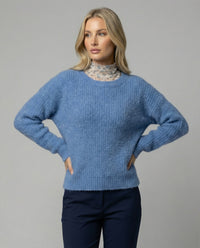 Blauer Strickpullover Damen Lockerer Oversize Look Rundhals Langarm Weich