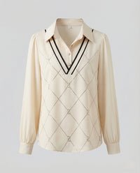 Damen Two Piece Sweater Strickpullover in Blusenoptik mit Hemdkragen und V-Ausschnitt Friday Beige