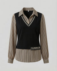 Damen Two Piece Sweater Strickpullover in Blusenoptik mit Hemdkragen und V-Ausschnitt Friday Dunkelbraun