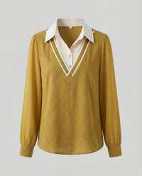 Damen Two Piece Sweater Strickpullover in Blusenoptik mit Hemdkragen und V-Ausschnitt Friday Gelb