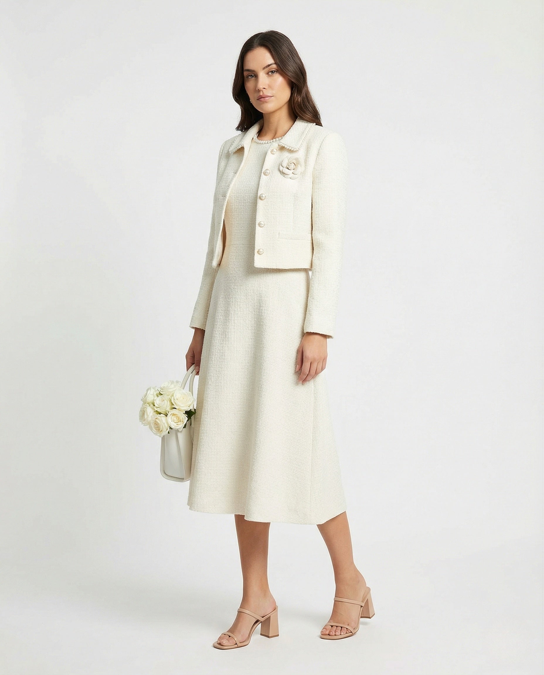 Damen Ärmelloses A-Linien Kleid mit Perlenkragen