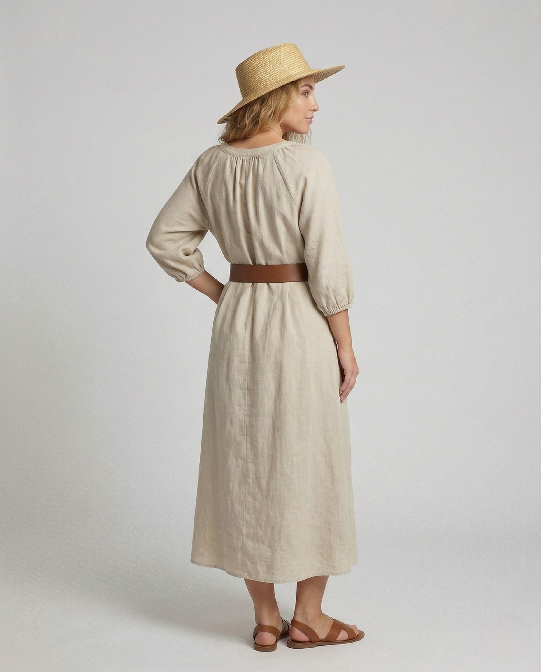 Damen Baumwoll Maxikleid mit Ballonärmeln