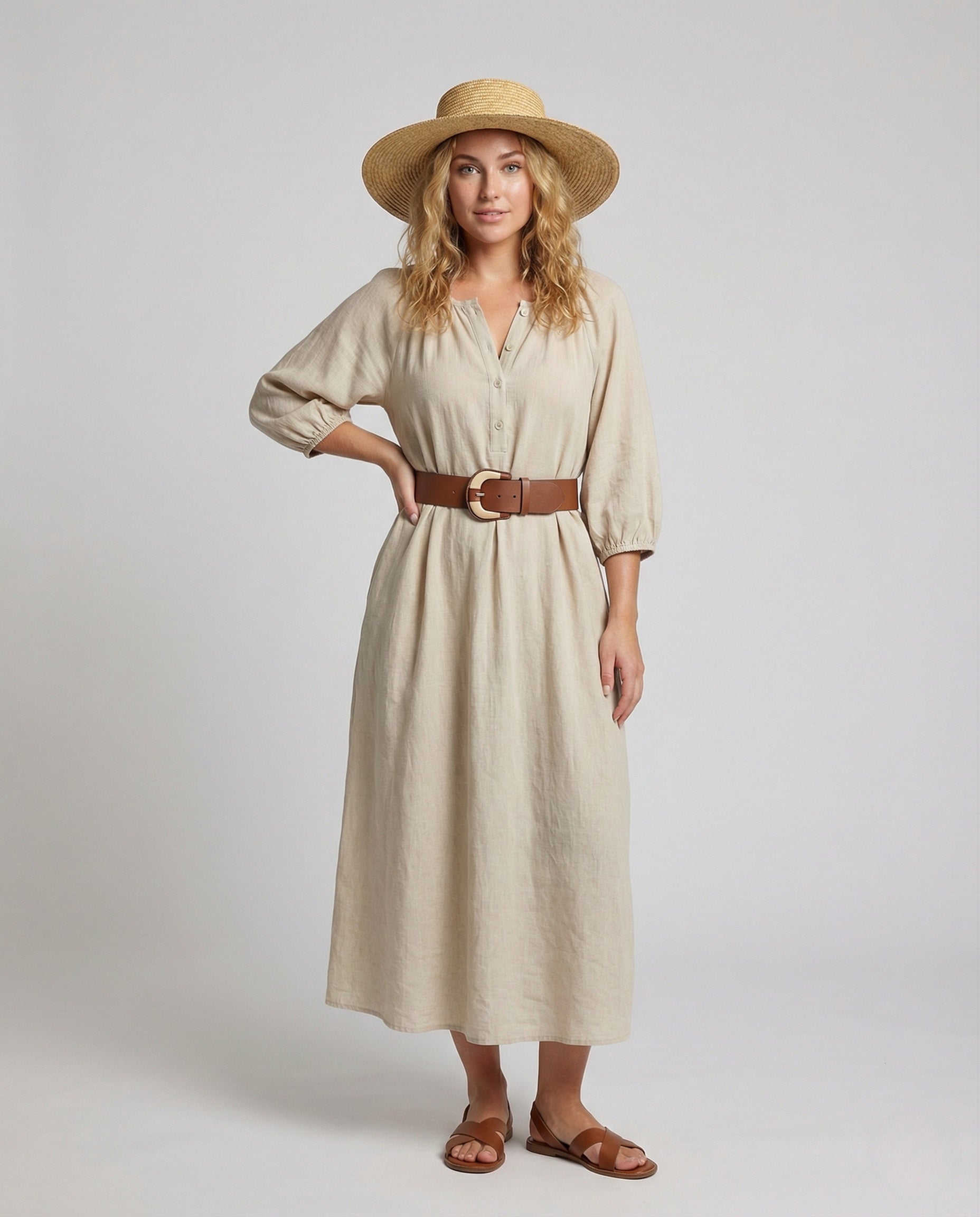 Damen Baumwoll Maxikleid mit Ballonärmeln