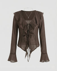 Damen Gecrinkelte Chiffonbluse mit Volantkragen Braun
